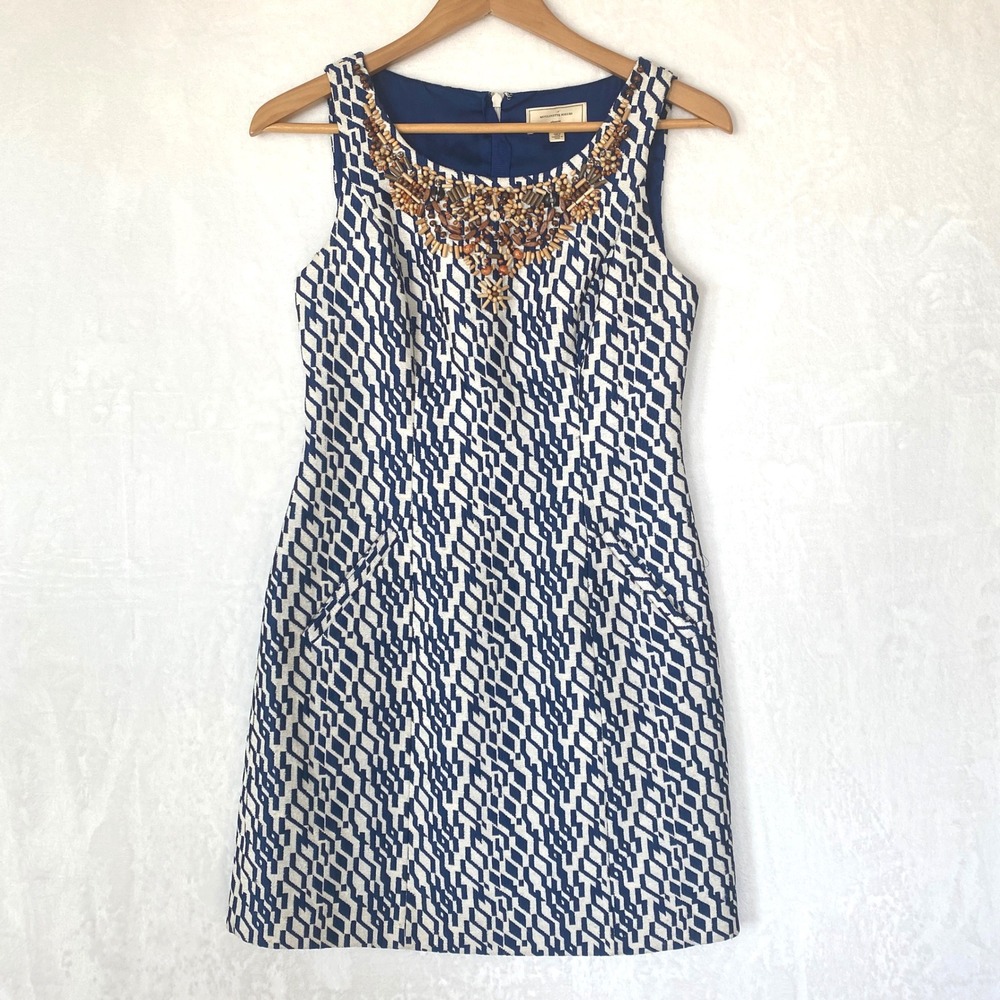Moulinette Soeurs Anthro Blue White Beaded Neckline Sleeveless‎ Sheath Dress 2